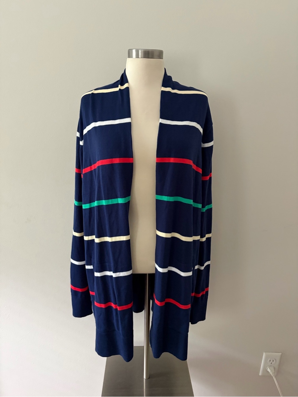 Lands' End Navy Open-Front Cardigan with Vibrant Stripes XL Nautical Preppy